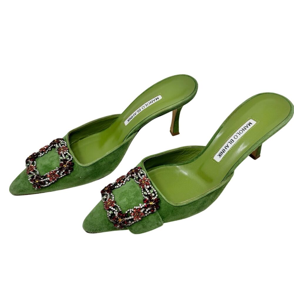 Rare Manolo Blahnik Maysale Jewel Green Suede Multicolor Crystal Mule Heels 38 - Picture 5 of 10